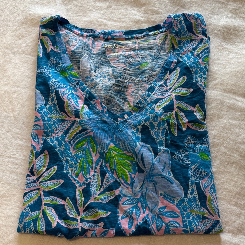 Lilly Pulitzer Blue and Pink Floral V-Neck Top